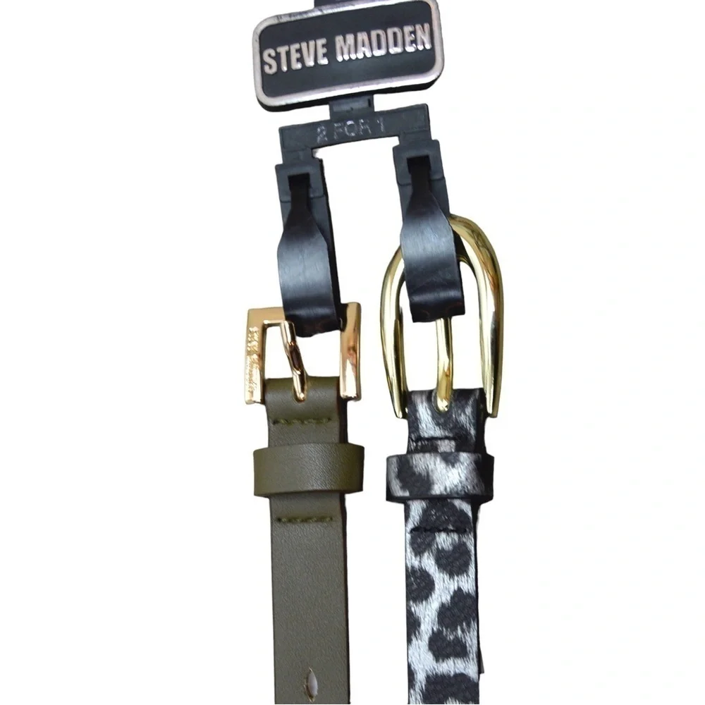 Pair of Steve Madden Faux Leather Belts - XL‎ & L, Drab Olive & Leopard